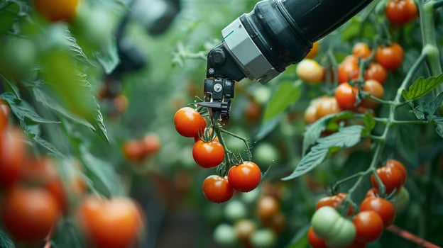Robotic arm harvesting ripe cherry tomatoes in greenhouse. Automated agriculture technology for efficient vegetable farming. photo