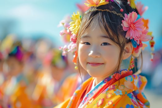 Adorable Japanese girl in colorful traditional costume smiling at festival. Cute child wearing vibrant kimono with floral headpiece celebrating cultural event. photo