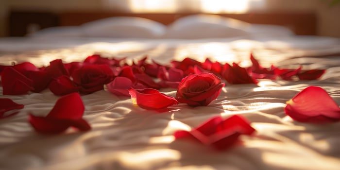 bouquet of red roses on the bed photo