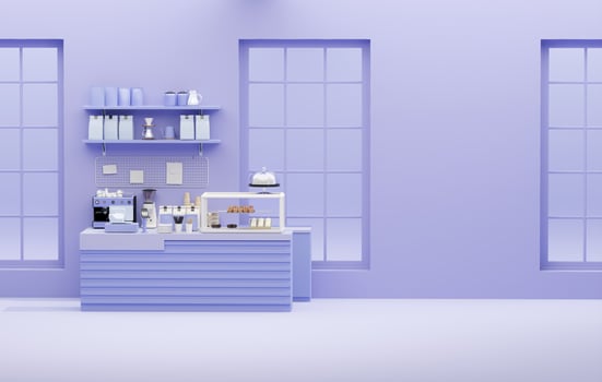 3D render modern purple style cafe counter with big window, with espresso coffee making machine, stack of eco friendly paper cup. Morning sunlight, Bistro, Business, Space, Blank photo