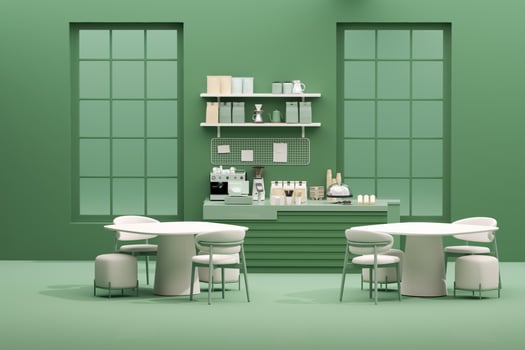 3D render modern white and green style cafe counter with big window, with espresso coffee making machine, stack of eco friendly paper cup. Morning sunlight, Bistro, Business, Space, Blank photo