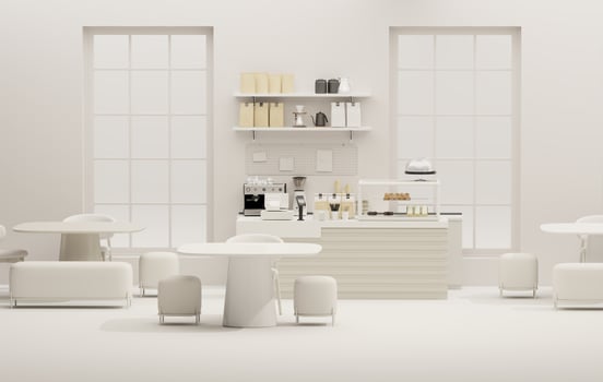 Small modern Korean style design cafe, glossy ivory white round corner counter, cake display, professional espresso machine, bar table, stool by window for interior design decoration background 3D photo