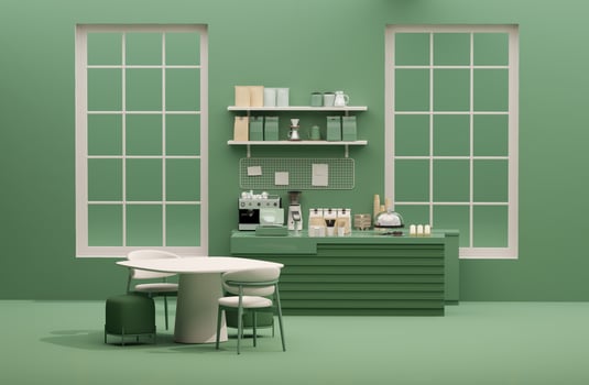 3D render modern white and green style cafe counter with big window, with espresso coffee making machine, stack of eco friendly paper cup. Morning sunlight, Bistro, Business, Space, Blank photo