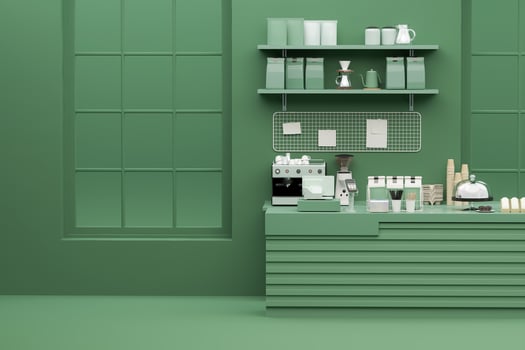 3D render modern white and green style cafe counter with big window, with espresso coffee making machine, stack of eco friendly paper cup. Morning sunlight, Bistro, Business, Space, Blank photo