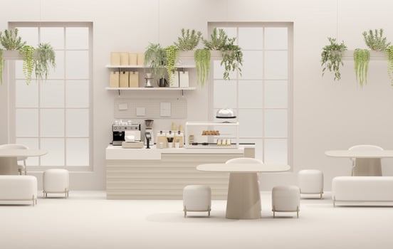 Small modern Korean style design cafe, glossy ivory white round corner counter, cake display, professional espresso machine, bar table, stool by window for interior design decoration background 3D photo