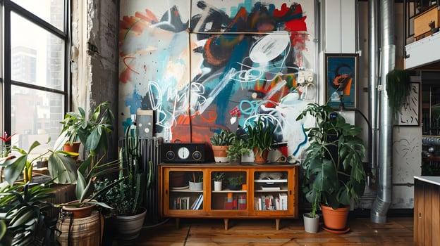 Vibrant Haven Eclectic Urban Loft Decor with Flourishing Greenery photo