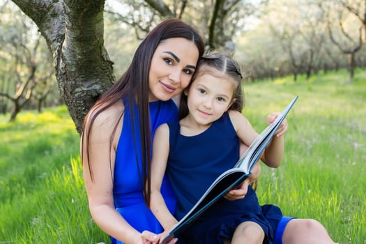mother and daughter are reading together in the park photo