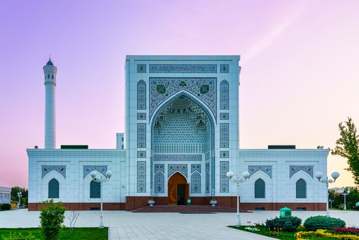 The Minor Mosque covered with white marble in the center of Tashkent at sunset. photo