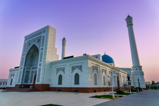 The Minor Mosque covered with white marble in the center of Tashkent at sunset. photo