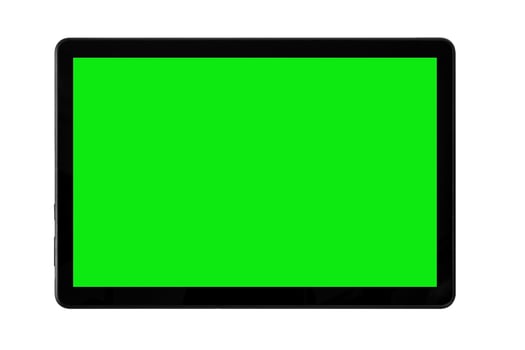 Black tablet isolated on a white background. Green screen with blank with copy space. Chroma key mock up. photo