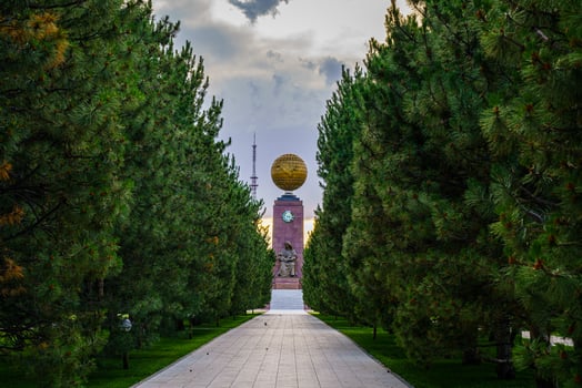 Monument to the Independence and Humanism in gold globe form at the Independence square, Tashkent. photo