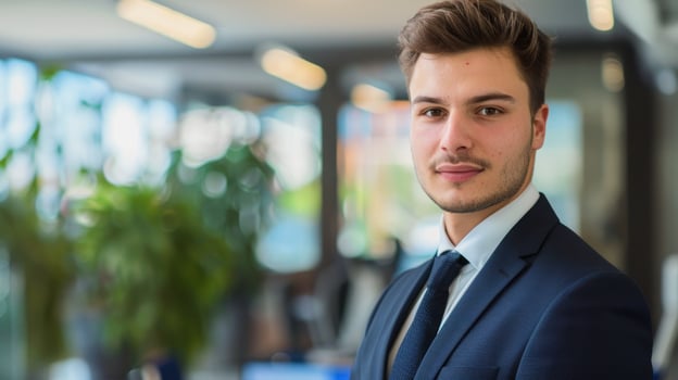 young businessman wearing a suit, blurred office background photo