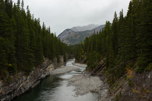 Aerial view of Stewart Canyon at Lake Minnewanka, Banff National Park. photo