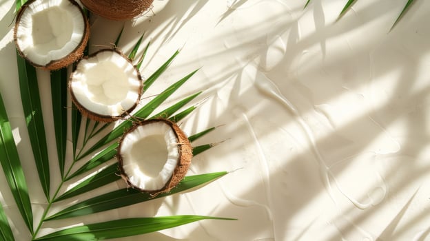 Coconuts and tropical palm leaves, overlay shadow. Summer top view photo