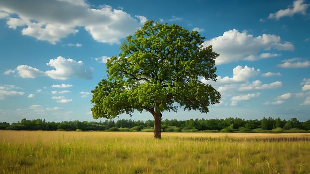 Lonely green oak tree in the field photo