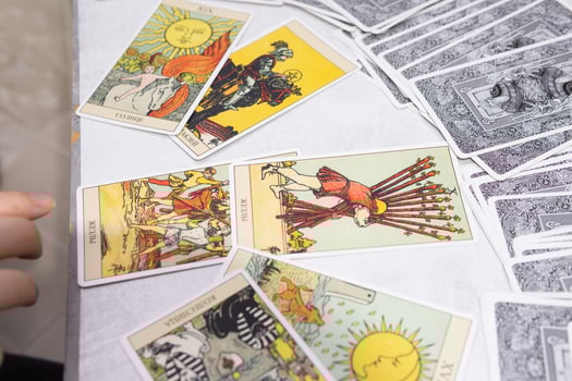 TVER, RUSSIA - FEBRUARY 18, 2024. Tarot cards, Tarot card divination, fortune telling. Occultism, esoteric education. photo