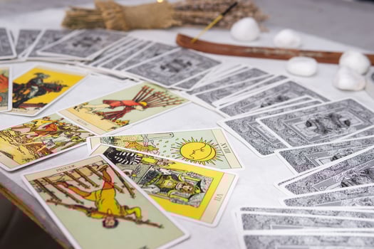 TVER, RUSSIA - FEBRUARY 18, 2024. Tarot cards, Tarot card divination, fortune telling. Occultism, esoteric education. photo
