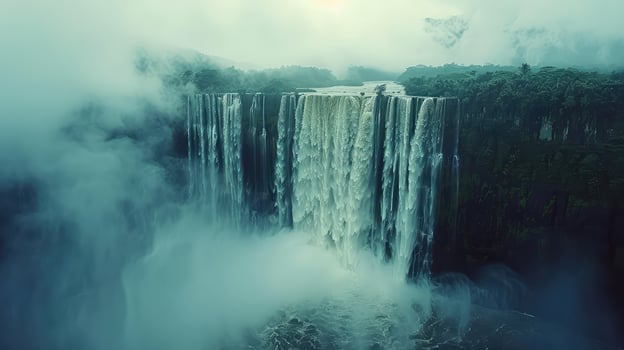 a waterfall is seen in the mist with fog photo