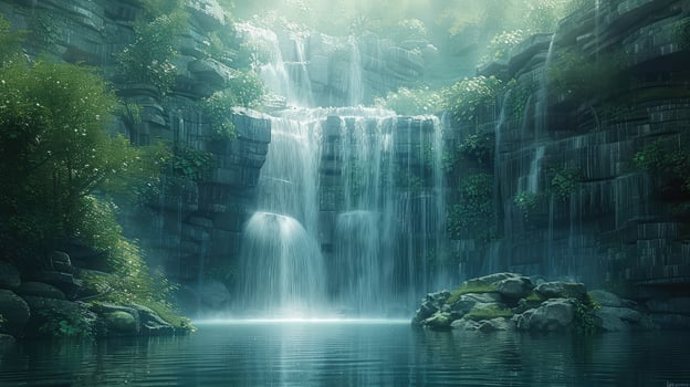a waterfall in the middle of a forest photo