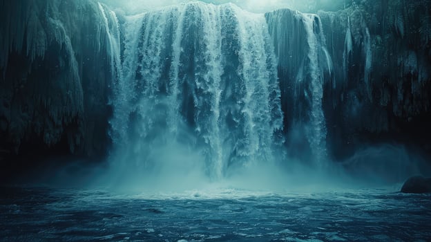 a waterfall in the dark with a light shining above it photo