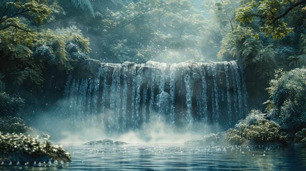 a waterfall in the forest with trees and water photo