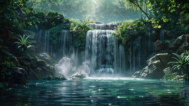 a waterfall in the jungle with plants and water photo