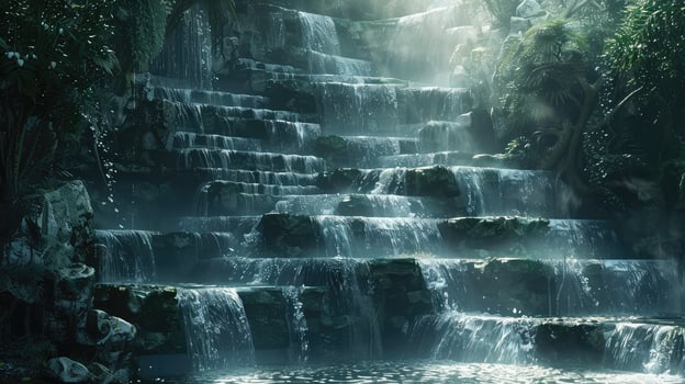 a waterfall in the jungle with water flowing down photo