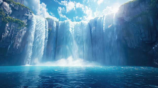 a waterfall is shown in the water with blue sky photo