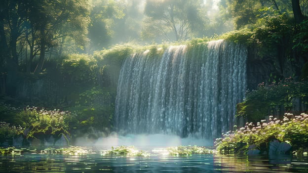 a waterfall in the forest with flowers and trees photo