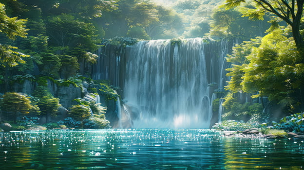 a waterfall in the middle of a forest photo