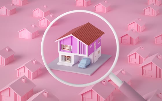 House isometric pastel color with magnifying glass concept for house advertisement or looking to buy house.3d rendering photo