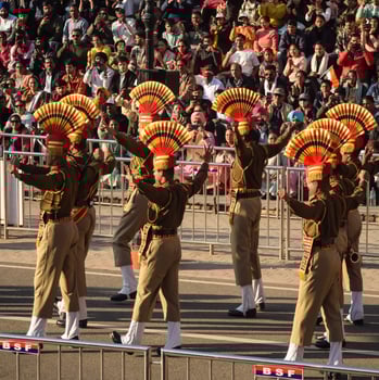 Wagah Border, Amritsar, Punjab, India, 02 February 2024 - Flag ceremony by Border Security Force BSF guards at India-Pakistan border near Attari Amritsar, Punjab, India held every day evening time photo