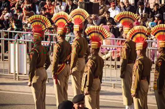 Wagah Border, Amritsar, Punjab, India, 02 February 2024 - Flag ceremony by Border Security Force BSF guards at India-Pakistan border near Attari Amritsar, Punjab, India held every day evening time photo