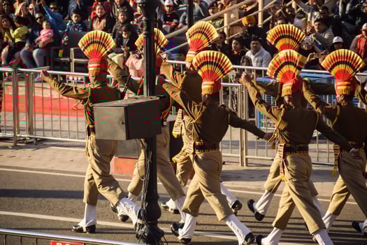 Wagah Border, Amritsar, Punjab, India, 02 February 2024 - Flag ceremony by Border Security Force BSF guards at India-Pakistan border near Attari Amritsar, Punjab, India held every day evening time photo