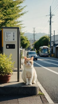 Cute cat sitting next the bus stop at the japanese city street photo