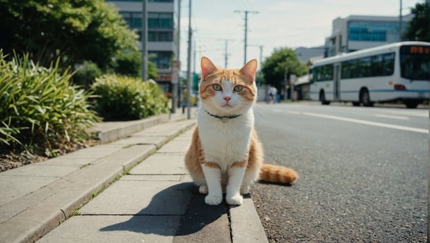 Cute cat sitting next the bus stop at the japanese city street photo