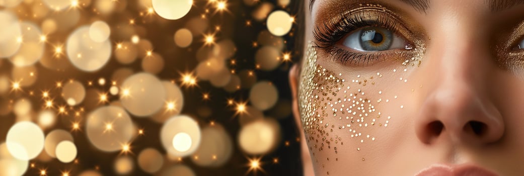Close-up beauty banner with golden woman makeup and bokeh lights photo