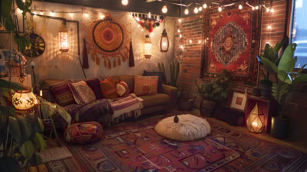 Cozy Bohemian-Inspired Living Room with Vibrant Decor and Atmospheric Lighting photo