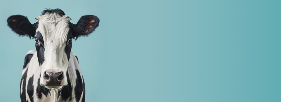 Cow Isolated on a blue sky background - Copy space, ai-generated photo