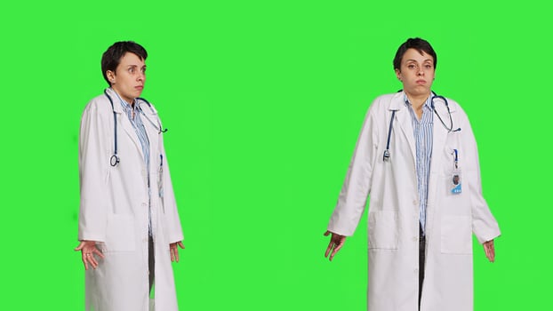 Physician being uncertain about something in studio, shrugging and feeling clueless about the right answer. Doctor doing i dont know symbol against greenscreen backdrop, confusion. Camera B. photo