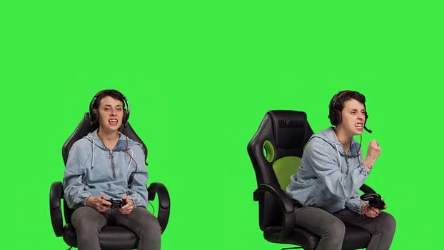 Person winning games online tournament with her friends, connecting with people on audio headset and playing e sport competition. Woman player celebrating gaming success. Camera B. photo