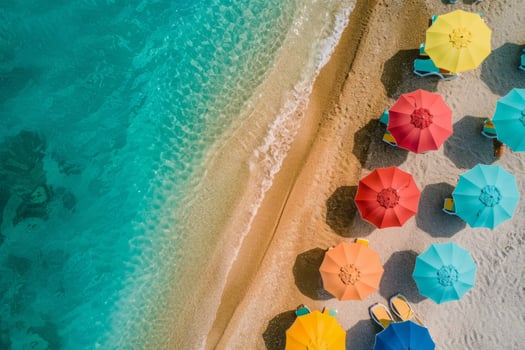 Top view of sea and colored sun umbrellas on sand beach photo