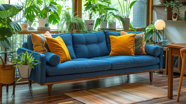 Stylish Living Room With Blue Couch and Potted Plants photo