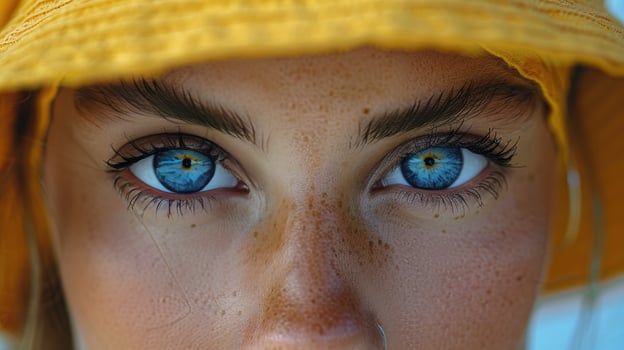 Close Up of Woman Wearing Yellow Hat photo