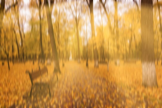 Autumn park with sunshine and vertical motion blurr background. Fall season abstract. photo