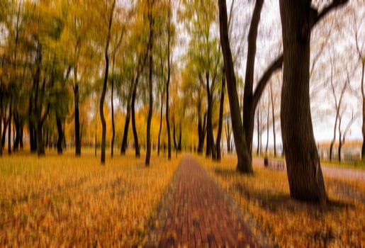 Autumn park vertical motion blurr background. Fall season abstract. photo