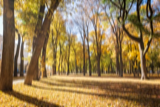 Autumn park vertical motion blurr background. Fall season abstract. photo