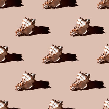 Seamless pattern of clam shells on a pastel orange background. photo