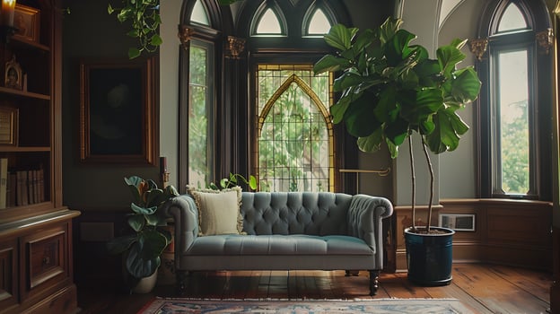 Elegant Antique Parlor with Lush Indoor Greenery and Ornate Gothic Architecture photo
