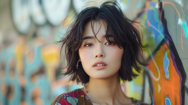 Portrait depicts an Asian girl with a short hairstyle. Her hair is cut above her shoulders, framing her face delicately photo